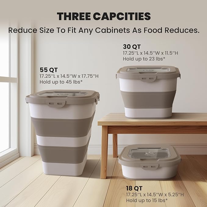 35-40Lbs Airtight Dog Food Storage Container,Collapsible Dog Food Container | Large Pet Food Storage Container with Lid,Wheels,Date Track,Keep Fresh for Rice,Flour,Sugar,Scoop,2PCS Container - Image 5