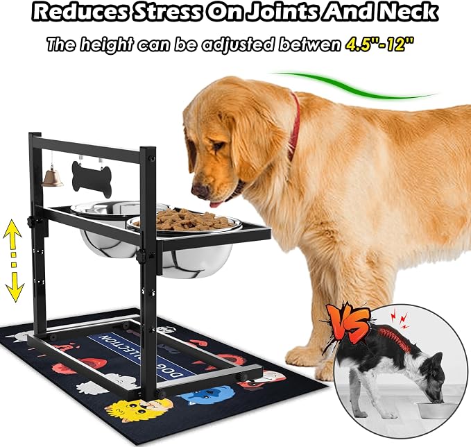 SHAINFUN Elevated Dog Bowls with Slow Feeder & Spillproof Mat, Raised Dog Bowl Stand with 2 Stainless Steel Food Water Bowls, Adjustable Height Stand for Large Medium Breeds - Image 2