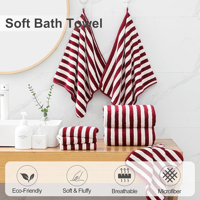 Smuge 18 Pcs Bath Towel Set, Include 6 Bath Towel Sheets, 6 Hand Towels and 6 Washcloths - Highly Absorbent Quick Dry Microfiber,Ultra Soft Bathroom Towel Set with Hanging Loop - Wine - Image 2