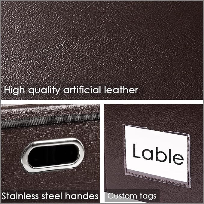 PRANDOM Collapsible Storage Box with Lid [3-Pack] Leather Fabric Foldable Storage Bin Organizer Container Basket Cube with Cover for Home Bedroom Closet Office Nursery Brown(22.8X15.7X11.8) - Image 3