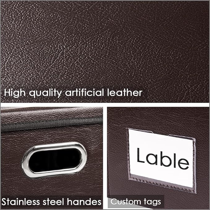 PRANDOM Collapsible Storage Box with Lid [3-Pack] Leather Fabric Foldable Storage Bin Organizer Container Basket Cube with Cover for Home Bedroom Closet Office Nursery Brown(22.8X15.7X11.8) - Image 3