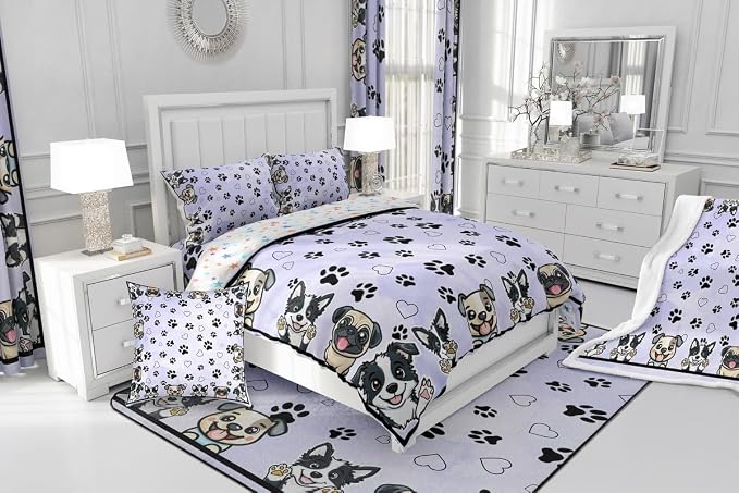 Manfei Cute Dog Paw Teens Comforter Set,Cartoon Puppy Pet Animal Lover Purple Bedding Set All Season,Kawaii Dogs Footprint Love Hearts Comforter 3 Pcs with 2 Pillowcases,Queen Size - Image 6
