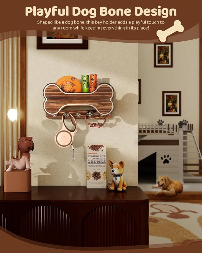 MTERSN Farmhouse Dog Leash Holder for Wall - Dog Stuff Organizer and Doggie Bone Key Holder Wall Mount with 5 Decorative 3D Puppy Paw Hooks & Storage Shelf - Ideal Home Decor (Brown) - Image 2