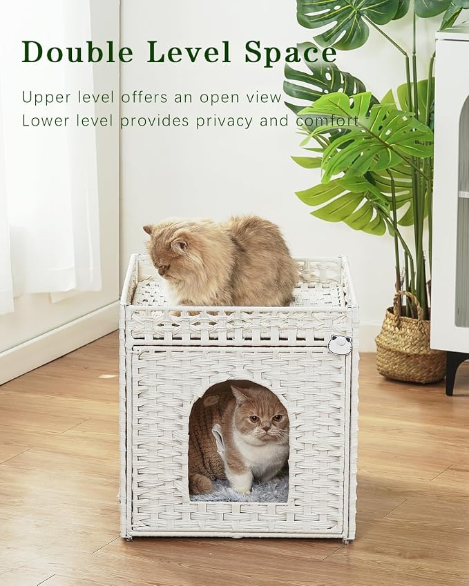 SETVSON Cat Houses for Indoor Cats Extra Large Double Cat Cave, White | Decorative Furniture Look, Private Hideaway for Shy Cats, Soft Dual-Purpose Cushion, Easy Wipe-Clean PE Rattan, Collapsible - Image 2
