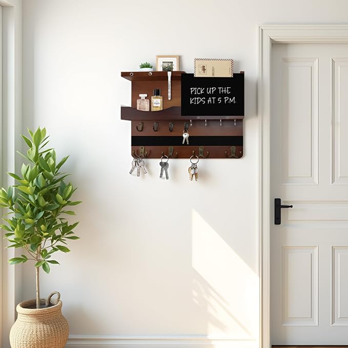 Key Holder for Wall Mount with Shelf and Mail Organizer, Key and Mail Holder with 16 Hooks, Farmhouse Entryway Organizer, Home Decor Rack(Pine Wood, Brown) - Image 3