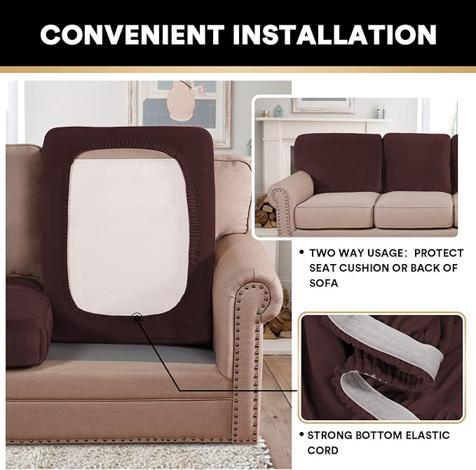 PrinceDeco Brown Furniture Cover, 2 Pcs Velvet Stretch Sofa Cushion Covers for Individual Cushions, Pet Friendly, Stay in Place, Machine Washable - Image 5