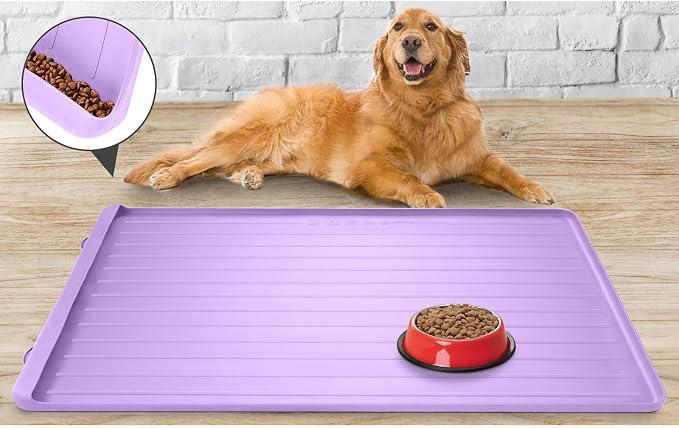 Cat Mat for Food and Water - 39.4" x 27" Thickened Large Dog Food Mat | Waterproof Pet Bowl Mat with Residue Collection Pocket and High Edges to Prevent Water and Food Spills - Purple - Image 7