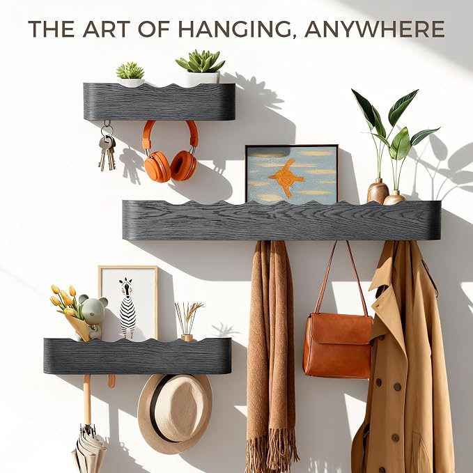 Coat Rack Wall Mount with Shelf Entryway Shelf Modern Key Holder Hanger Wall Shelves with Hidden Hooks for Hanging Towels Coats Hats Bags for Hallway Bathroom Bedroom (Wavy Black, 5 Hooks) - Image 3