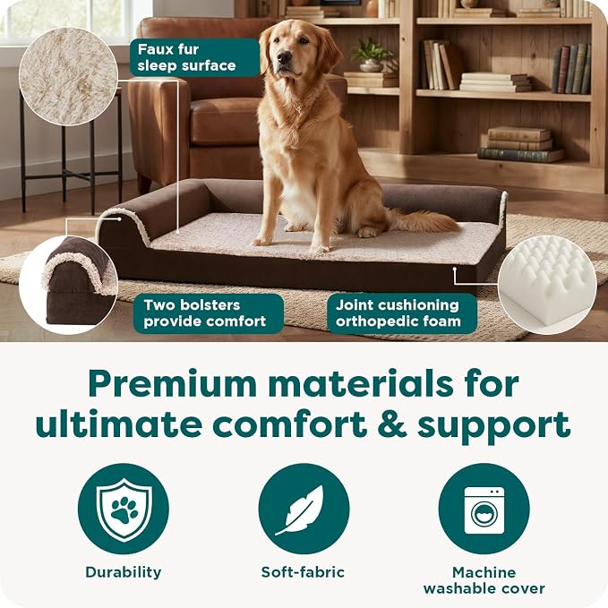 FurHaven Orthopedic Dog Bed for Large Dogs, L-Shaped Chaise Mattress with Orthopedic Egg Crate with a Solid Orthopedic Foam Base for Joint Support, Washable Cover, Jumbo XL, Faux Fur & Suede, Espresso - Image 5
