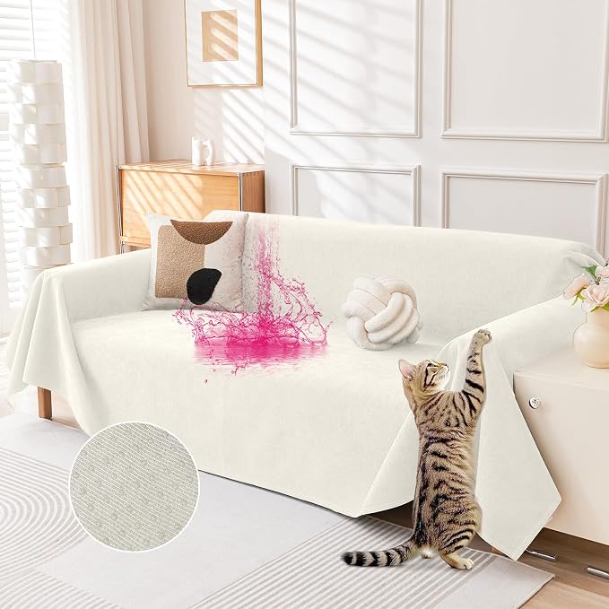 Deep Dream Cat-Scratch Resistant Couch Cover, Waterproof Sofa Cover for 3 Cushion Couch Washable, Pet Friendly Couch Protectors Anti Slip Thickened Sofa Slipcovers for Dogs Pets, 91" x 118", White by DeepDream