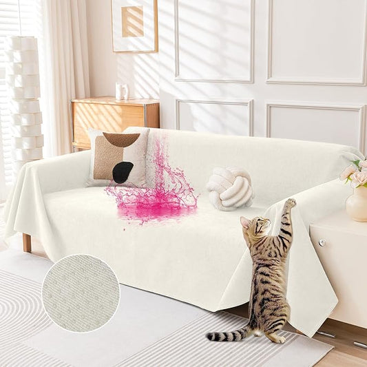 Deep Dream Cat-Scratch Resistant Couch Cover, Waterproof Sofa Cover for 3 Cushion Couch Washable, Pet Friendly Couch Protectors Anti Slip Thickened Sofa Slipcovers for Dogs Pets, 91" x 118", White by DeepDream
