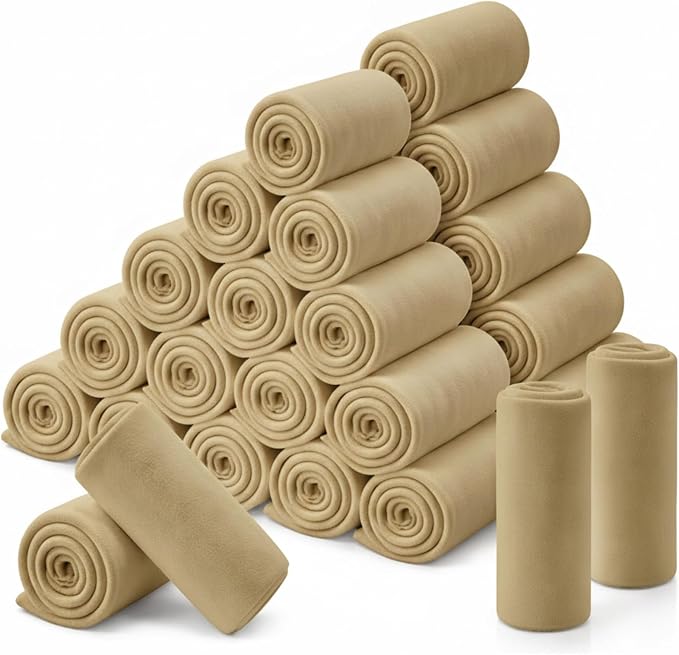 Newwiee 48 Pcs Bulk Fleece Throw Blankets 50'' x 60'' Oeko-tex Standard 100 Certified for Outdoor Wedding Guest Blankets Donation Homeless Sleepover Lap Pet Sofa, All Seasons Use (Khaki) by Newwiee