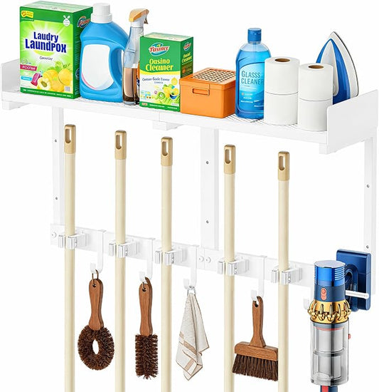 HUFAND Broom Holder Wall Mount, 27" Mop and Broom Organizer with Top Shelf | 5 Grippers,5 Movable S-Hooks,Breathable Grid Shelf,Rust-Resistant Coating,Hardware Included,for Kitchen,Laundry Room by HUFAND