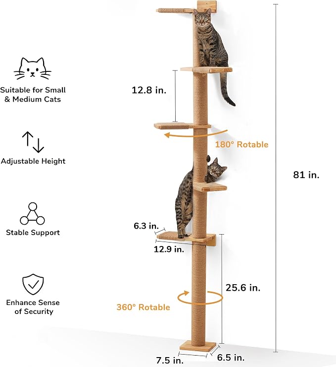 FUKUMARU Wall-Mounted Cat Tree for Small & Medium Cats | 5-Tier Tall, Scratching Post, Indoor Cat Wall Shelves, Climbing Tower, For Climbing, Scratching & Lookout - Image 2