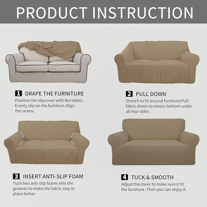 Easy-Going Stretch 4 Seater Sofa Slipcover 1-Piece Sofa Cover Furniture Protector Couch Soft with Elastic Bottom for Kids, Polyester Spandex Jacquard Fabric Small Checks Tan | 1-Piece Extra X-large Sofa Cover Furniture Protector Couch Soft with Bottom ... - Image 5