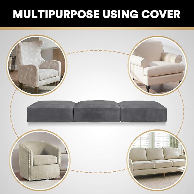 PrinceDeco Stretch Sofa Cushion Covers for Couches and Sofas,Soft Velvet Couch Seat Covers, Sofa Covers Washable, Seat Cushion Cover for 3 Couch Sofa Pet Friendly - Grey, Each Width Up to 29.5" - Image 6