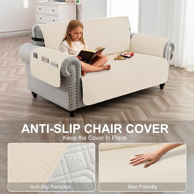 100% Waterproof Couch Cover, Straps&Pockets,pet Friendly,46" Beige | Washable sofa cover, pet-friendly, scratch-resistant furniture protector, quilted sofa cover, reversible, non-slip backing. - Image 4