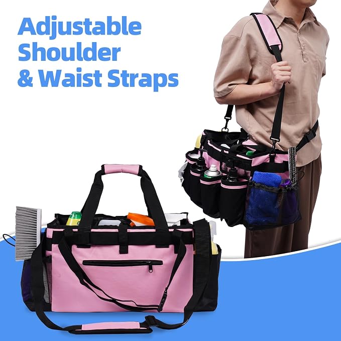 Large Cleaning Caddy, Professional Wearable Supplies Bag for Housekeepers, House Cleaners, and Car Detailing - Organizer Tote With Handle, Pink - Image 5