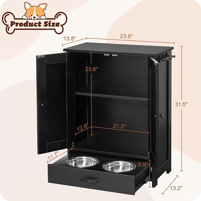 ALINE FURNITURE Dog Feeding Station with Storage Cabinet and 2 Elevated Dog Bowls, Hidden Pet Feeder Station Wood, Dog & Cat Storage Organizer, Black - Image 5