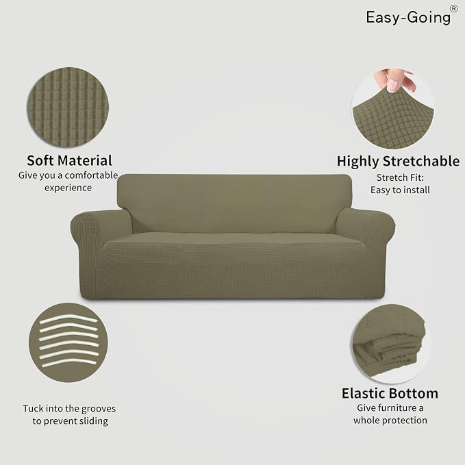Easy-Going Stretch 4 Seater Oversized Sofa Couch Cover Khaki | 1-Piece Extra X-large Sofa Cover Furniture Protector Couch Soft with Bottom for Kids, Spandex Jacquard - Image 3