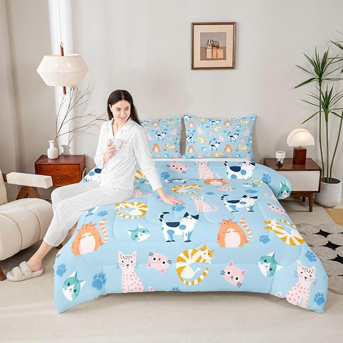 Feelyou Twin Size Cute Colorful Cat Bedding for Kids Teen Girls Room Decor Cat Comforter Set Kawaii Blue Pink Kitten Quilt Feline Paw Bed Sets Ultra Soft Microfiber with 2 Piece - Image 4