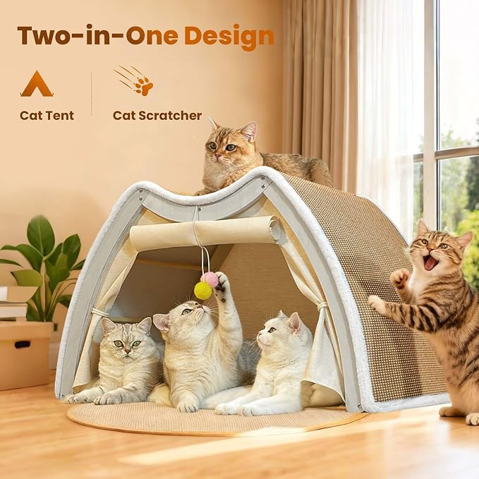 Cat Houses for Indoor Cats - Large Cat Bed Cave with Natural Sisal Cat Scratcher Mat, Solid Wood Frame Cat House with Curtains and Cat Floor Scratching Pad Rug, Protect Couch and Carpets, L - Image 5