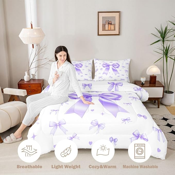 Manfei Purple Bowknot Bedding Set for Boys Girls,Preppy Trendy Kawaii Coquette All Season Cozy Comforter Set with 2 Pillowcases Full,Cute Preppy Ribbon Bow Duvet Set Bedroom Decor,Festival Gifts - Image 3