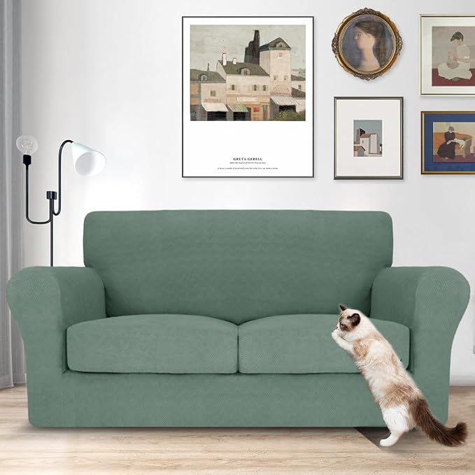 MAXIJIN 3 Piece Couch Covers for 2 Cushion Couch loveseat Cover, Stretch Love Seat Sofa Slipcovers for Dogs Pet, Thick Furniture Protector with 2 Seat Cushion (55"-69", Pea Green) - Image 2