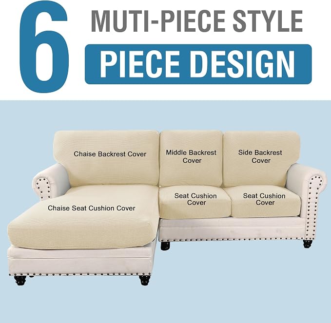 H.VERSAILTEX 2025 New Sectional Couch Covers 6 Pieces Stretch Sofa Covers for Sectional Sofa Set Separate L Shaped Couch Cover for Both Left/Right Couch (Seat and Back: 1 Chaise + 2 Sofa, Natural) - Image 2
