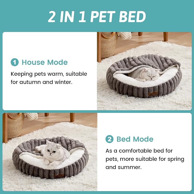 COZY KISS Hooded Blanket Cat Bed – 20"x20" Round Fluffy Donut Cuddler for Cats & Toy Dogs, Anti-Anxiety Faux Fur Pet Bed, Machine Washable with Non-Slip Bottom, Grey - Image 3