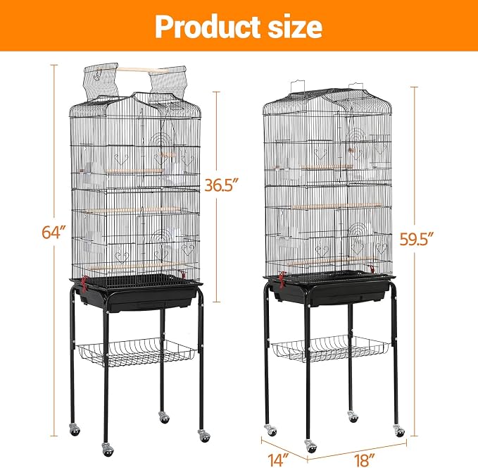 Garvee Open Top Large Parrot Bird Cage, Hanging Bird Cage with Detachable Rolling Stand and Storage Shelf, Playtop Parrot Cages Heavy-Duty Pet Birds House for Cockatiel Black - Image 2
