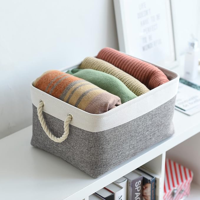 Large Storage Baskets for Shelves, Fabric Baskets for Organizing, Collapsible Storage Bins for Closet, Nursery, Clothes, Toys, Home & Office [3-Pack, White&Grey] - Image 4