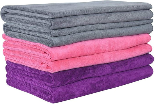 JML Microfiber Bath Towel Set, 27" x 55", 6 Pack | Hanging Loop, Extra Absorbent, Fast Drying, Lint-free, Use for Pool, Swimming, Fitness, Sports, Yoga, Grey/Pink/Purple by JML