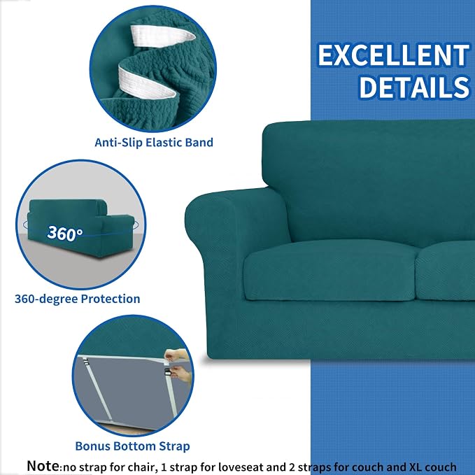 MAXIJIN 2 Piece Chair Covers Chair Slipcover with Arms, Sofa Chair Cover for Living Room Armchair Cover, Stretch Pet Dog Slip Cover for A Chair with 1 Cushion (31"-46", Teal) - Image 4