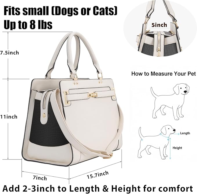 Fashion Pet Carrier Dog Cat Carrier Purse Soft-Sided Leather Handbag Pet Tote Bag for Small Dogs Puppy and Cats TSA Airline Approved (Beige)