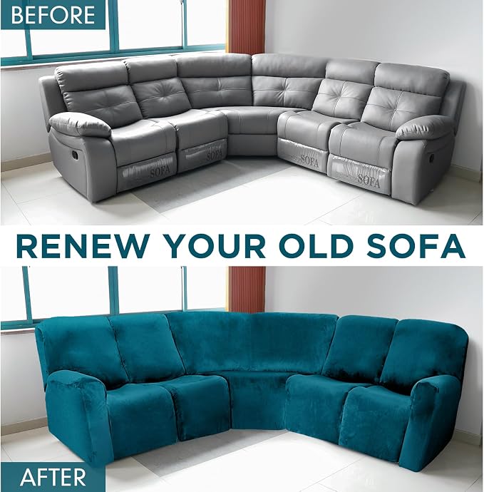 Peryiter 7 Pcs L Shape Sectional Recliner Sofa Covers 5 Seat Sectional Couch Covers Milk Silk Velvet Stretch Reclining Sofa Slipcover Furniture Protector for Living Room(Deep Teal,Velvet) - Image 4