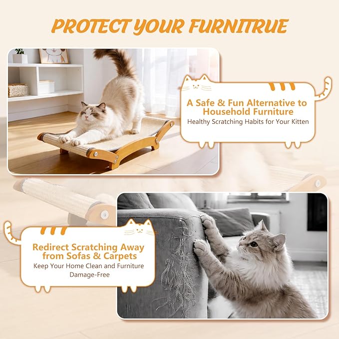Sisal Cat Scratcher Bed for Indoor Cats, Extra-Larger Cat Scratching Board, Lounger & Play & Scratch, Cat Scratch Pad for Bored Kittens and Adult Cats, with Sturdy Solid Wood Frame, Beige - Image 5