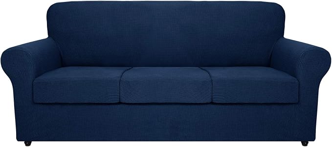 MAXIJIN 4 Piece Couch Covers for 3 Cushion Couch Super Stretch Sofa Cover for Dogs Pet Proof Fitted Furniture Protector Spandex Jacquard Non Slip Magic Couch Slipcover Washable (Large, Navy Blue) by MAXIJIN