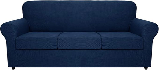 MAXIJIN 4 Piece Couch Covers for 3 Cushion Couch Super Stretch Sofa Cover for Dogs Pet Proof Fitted Furniture Protector Spandex Jacquard Non Slip Magic Couch Slipcover Washable (Large, Navy Blue) by MAXIJIN