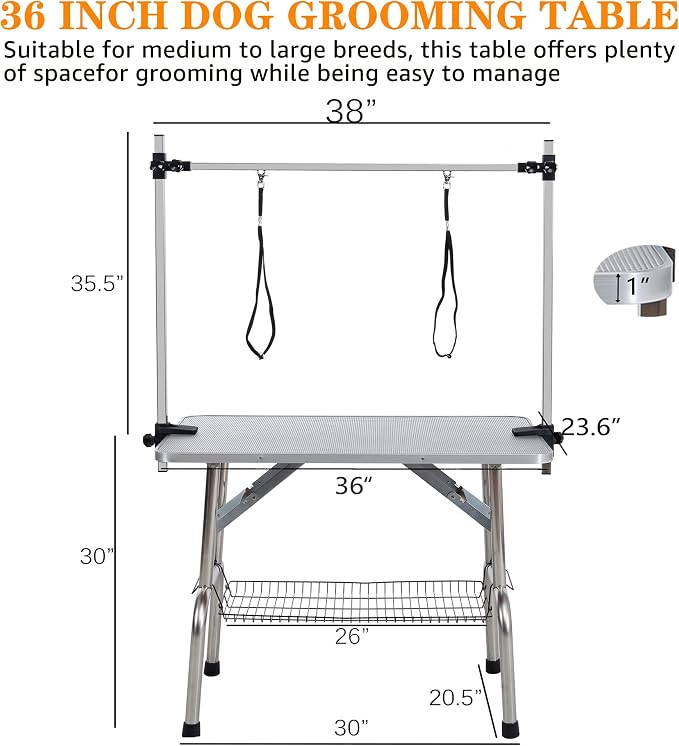 Professional Dog Pet Grooming Table Adjustable Heavy Duty Portable w/Arm & Noose & Mesh Tray (Grey, 36") - Image 5