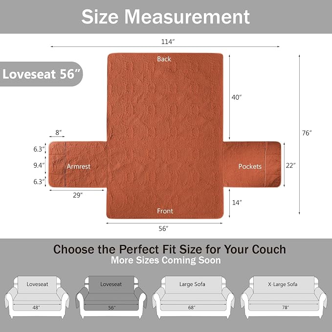 Orange Loveseat Covers for 2 Cushion Couch, Water-Repellent Sofa Slipcover for Love Seat, Machine Washable Quilted Couch Covers, Pet Friendly Sofa Cover (Loveseat 56", Burnt Orange) - Image 6