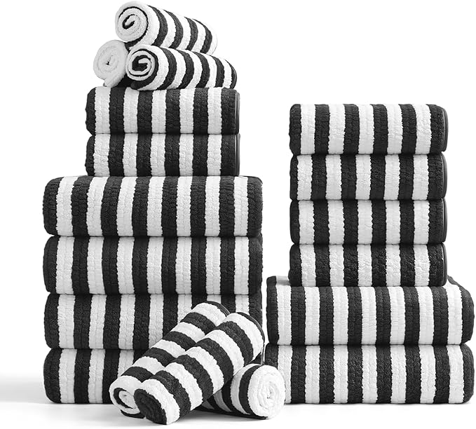 18-Piece Microfiber Bath Towels Set - 6 Bath Sheet, 6 Hand Towels, 6 Washcloths, Soft, Highly Absorbent Bathroom Towel, Quick Dry & Less Lint Shower towel for Bathroom, Hotel, Spa, Dorm-Black White by FerdilanUS