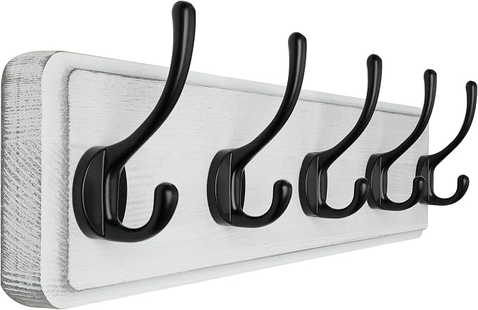 SKOLOO Rustic Wall Mounted Coat Rack, Pine Solid Wood Coat Hook Hanger - 5 Hooks for Hanging Clothes Robes Towels Coats by SKOLOO