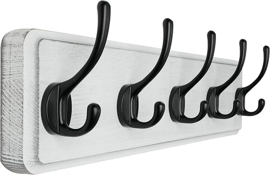SKOLOO Rustic Wall Mounted Coat Rack, Pine Solid Wood Coat Hook Hanger - 5 Hooks for Hanging Clothes Robes Towels Coats by SKOLOO