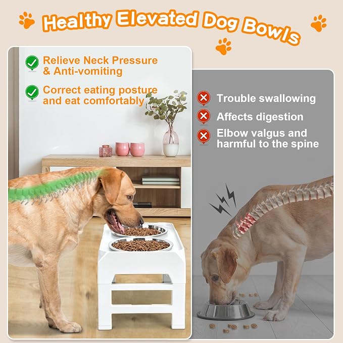 COMESOON Elevated Dog Bowls, 4 Height Adjustable Raised Bowl Stand with 2 Thick 50oz Stainless Steel Food Bowls Non-Slip Feeder Adjusts to 3.7'', 9.2'', 10.75'', 12.36'' White - Image 3