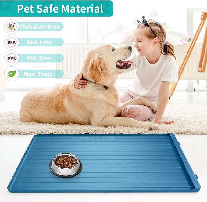 Dog mat for Food and Water - 39.4" x 27" Thickened Large Dog Food Mat | Waterproof Pet Bowl Mat with Residue Collection Pocket and High Edges to Prevent Water and Food Spills - Navy - Image 6