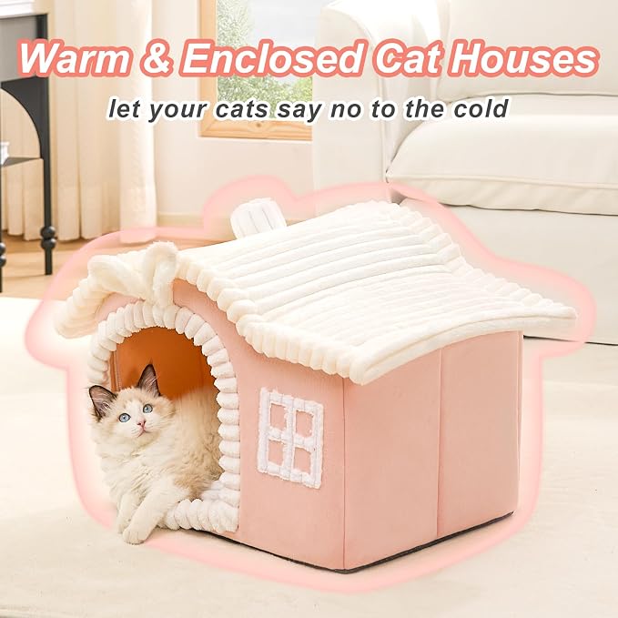 Jiupety Rabbit Cat Houses for Indoor Cats, Chimney Cute Cat Bed Cave, Enough Interior Space, Cartoon Soft Pet House Up to 3-10 lbs Kitten, Pink - Image 2
