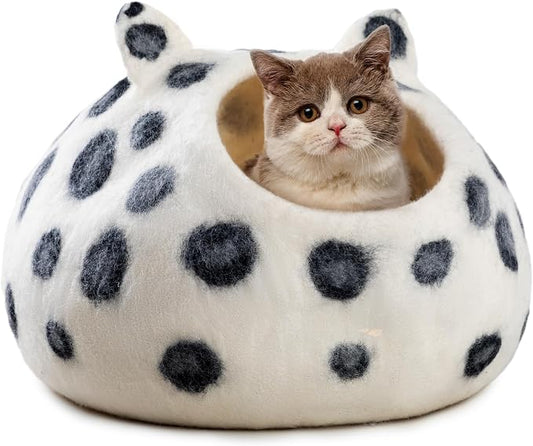 Wool Cat Cave Bed - Extra Warm, Handcrafted, Eco-Friendly Felt Cat Cave for Indoor Cats and Kittens (White Polka) by Woolygon by Woolygon