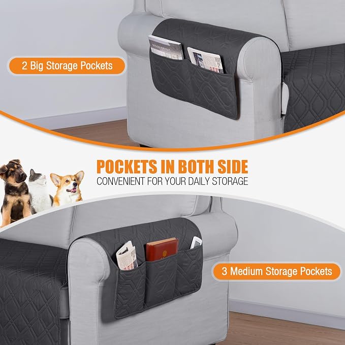 VANSOFY Waterproof Couch Cover for Pets, Charcoal Gray, 72.4" | Non-Slip, Washable, Utility Pockets, Pet Friendly, Furniture Protector Slipcover for 3 Cushion Plus Couch - Image 3