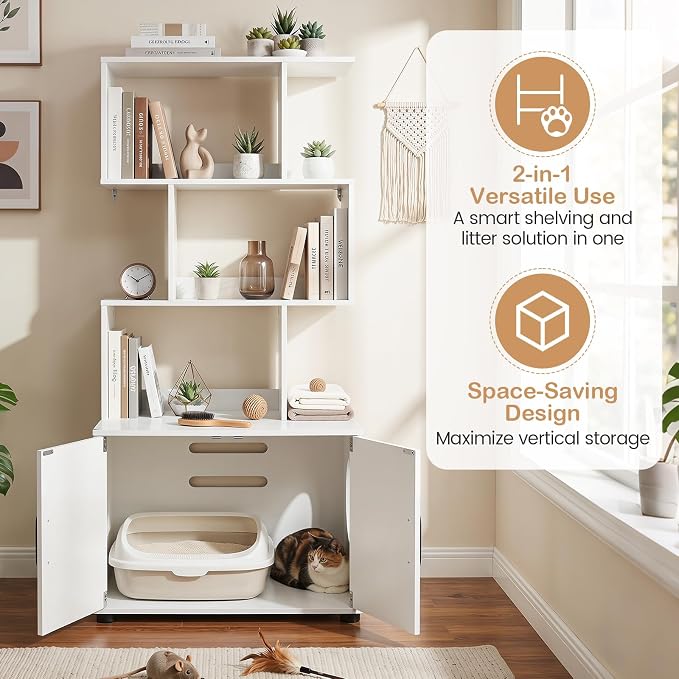 PETSITE Cat Litter Box Furniture with 3 Shelves and Doors, 56 inch Tall Cat Box Enclosure with Display Shelves and Side Entry, Indoor Hidden Litter Box with Decorative Storage Shelving (White) - Image 5